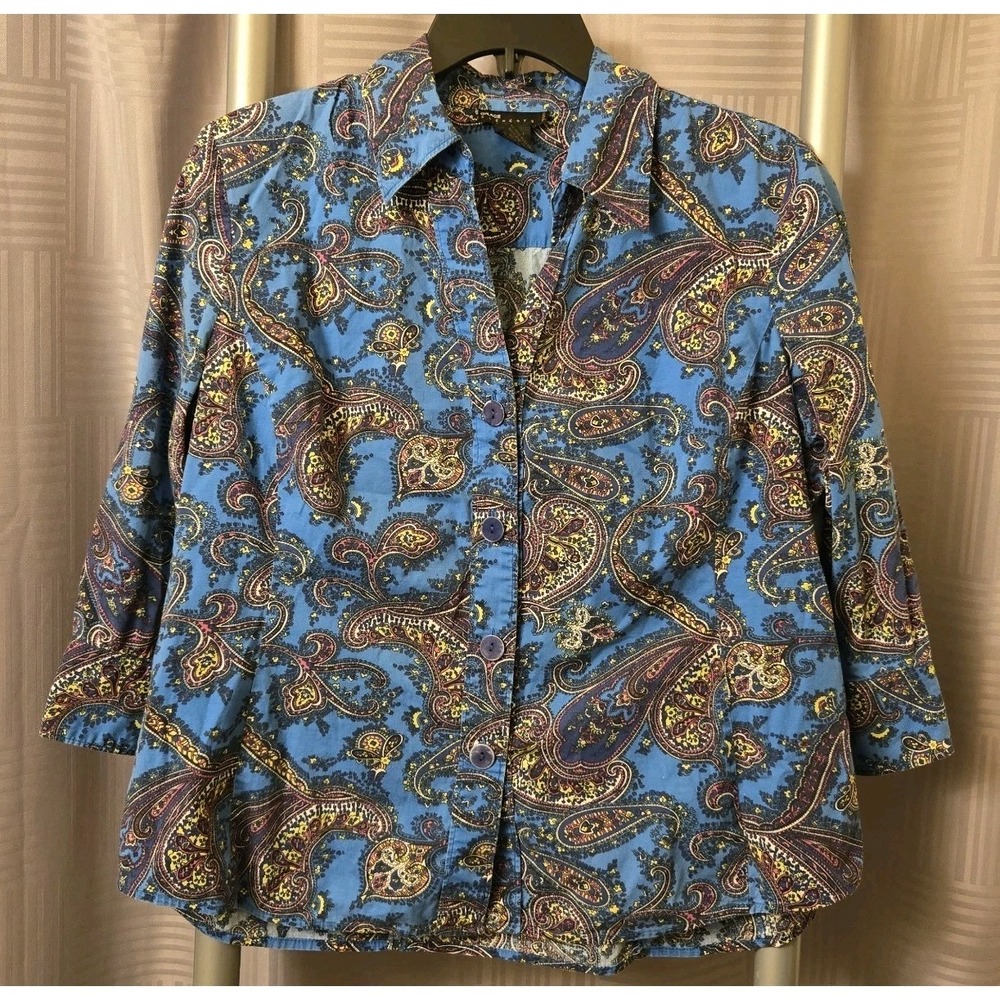 Grace Elements Petite Women's PM Blue Paisley 3/4 Sleeve Button Shirt Medium